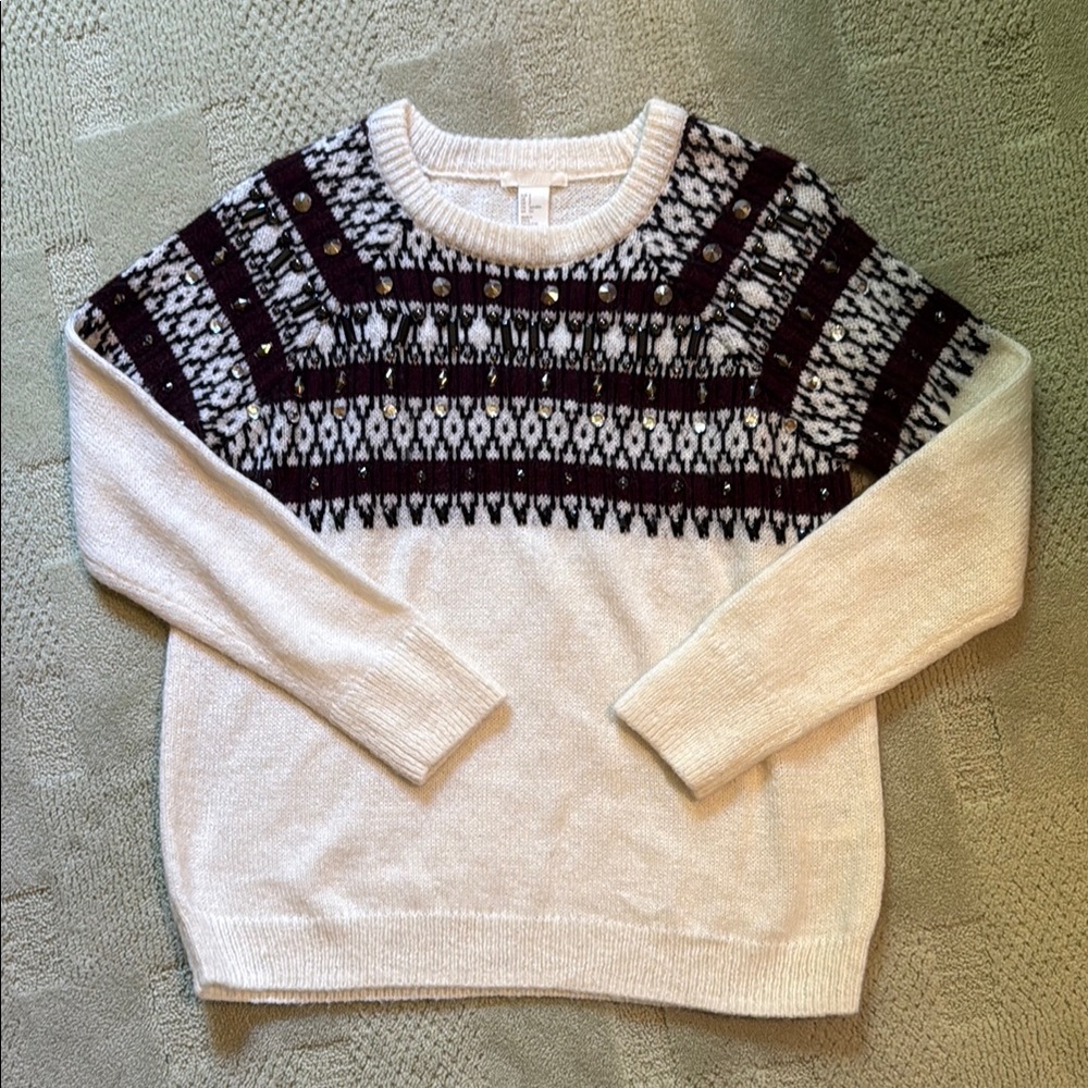 H and M Women's White and Black Patterned Sweater with rhinestone accents